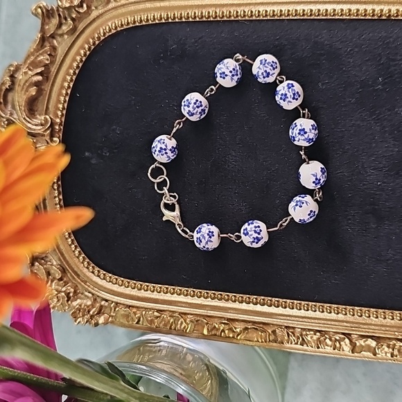 Hand Crafted Jewelry - Hand-Crafted Blue and White Floral Ceramic Painted Beaded Bracelet